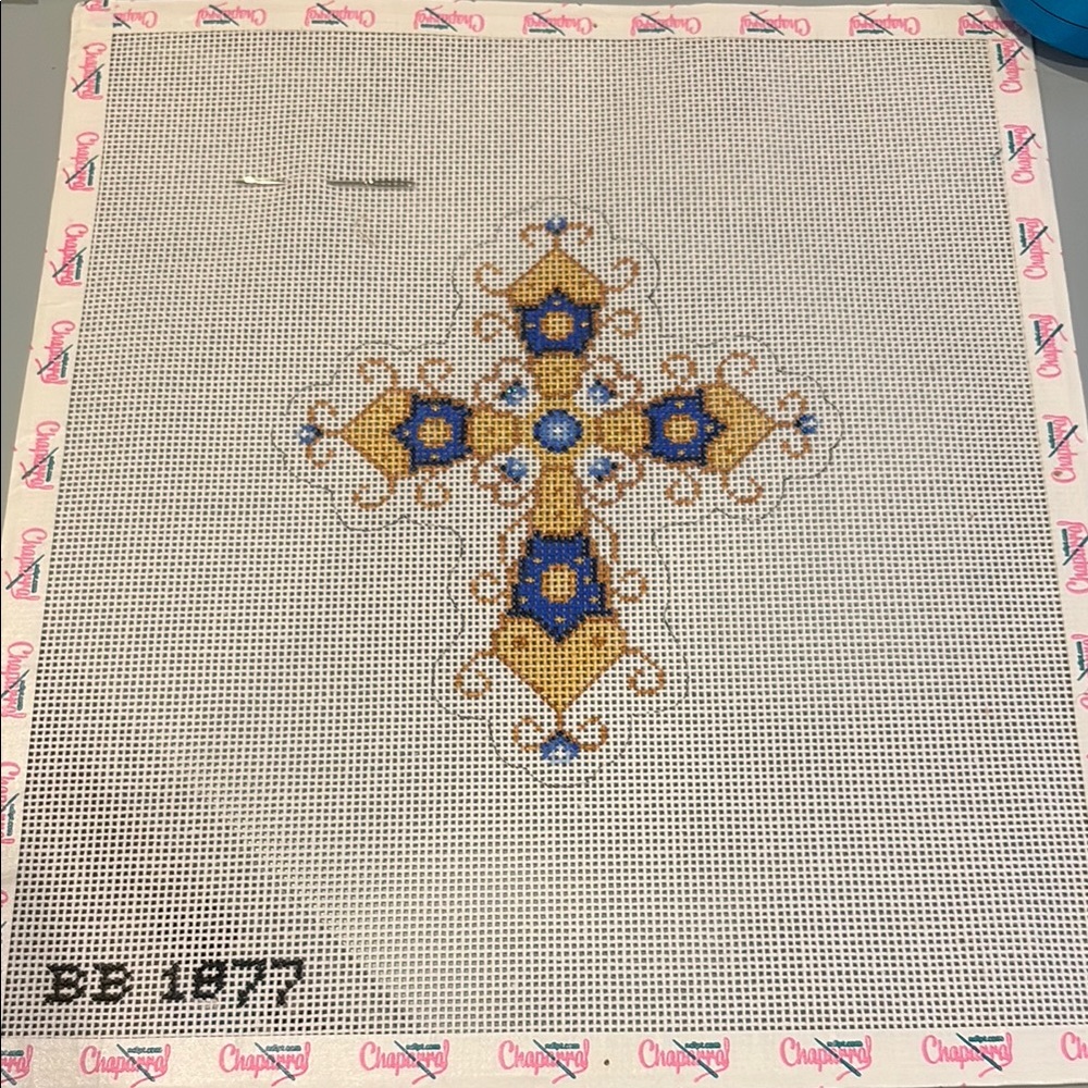 Blue and Gold Cross Needlepoint Canvas